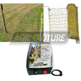 Kit clôture électrique 25 Ares pour volailles. Electrificateur secteur 230V, filets, Portillon.